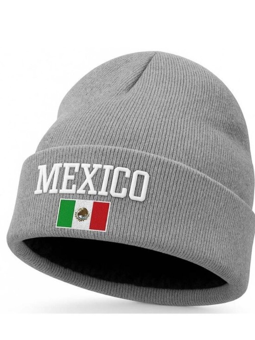 Fleece Lined Mexico Beanie Hat, Gray